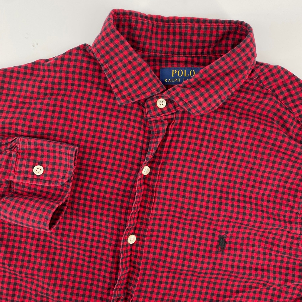 Polo Ralph Lauren Mens Large Red Black Gingham Button Down Shirt Long Sleeve